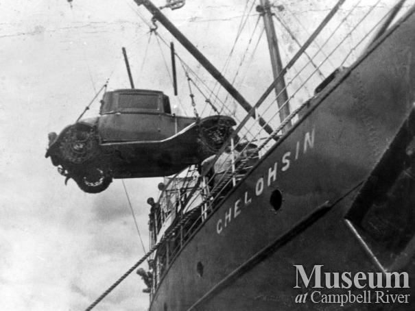 Erro Luoma's car being unloaded off the Union Steamship Chelohsin at Granite Bay