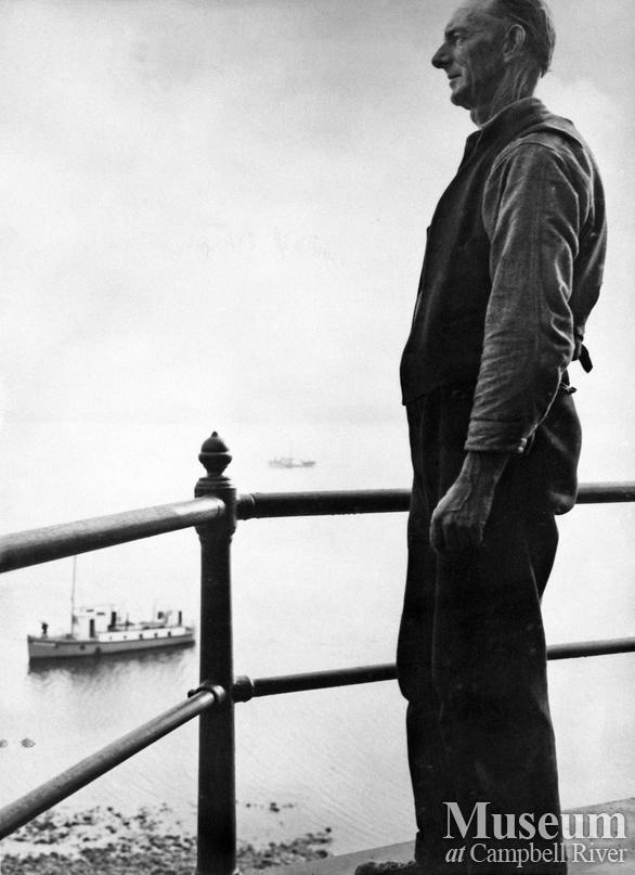 Mr. Pettingall on the tower of the Cape Mudge Lighthouse, Quadra Island