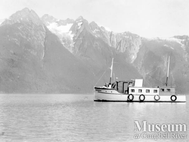 The boat Five B.R., at  Needle Peaks, Bute Inlet